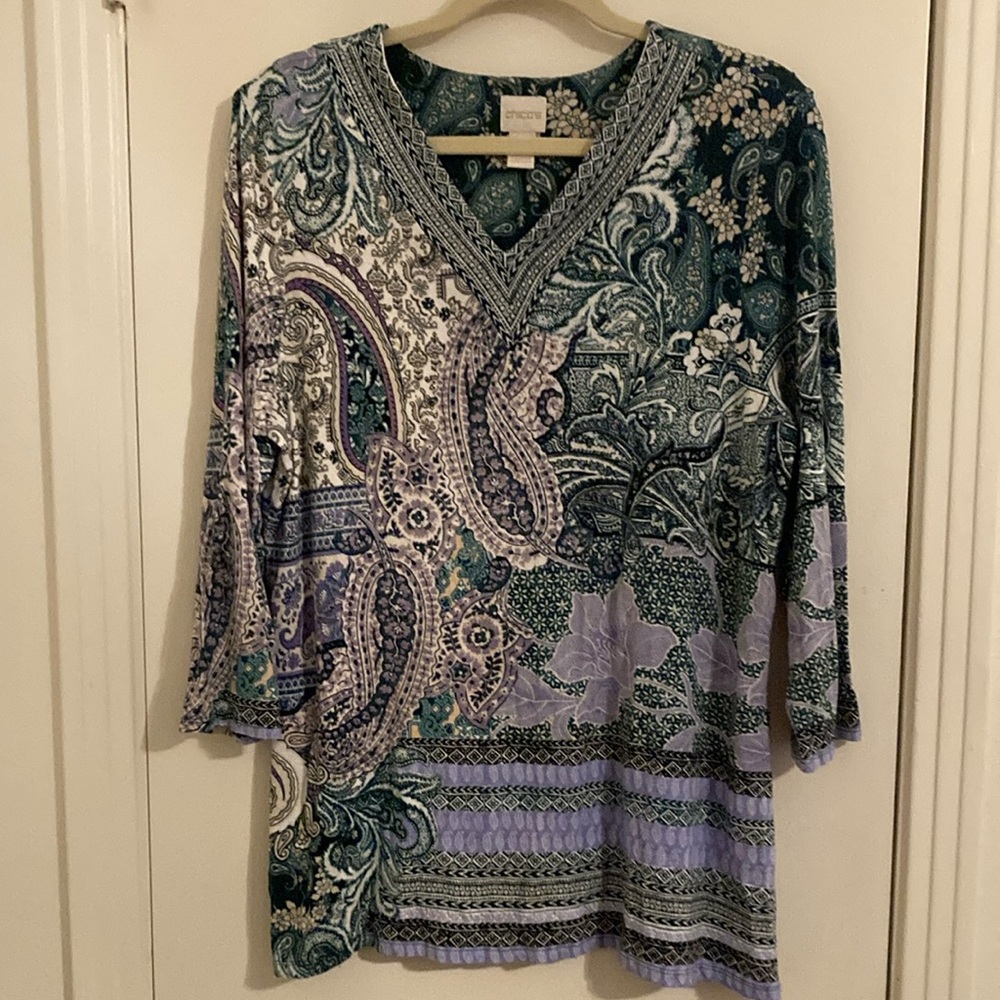 Chico's Green Purple Pasley Graphic Relaxed Tunic
